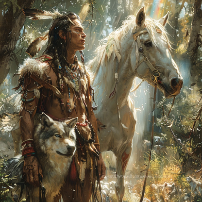 A Native Warrior, Guided by the Wisdom of His Horse and Wolf Native American Canvas