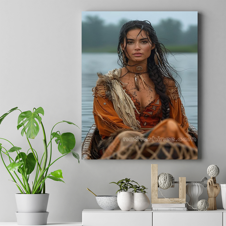 Native Beauty in Canoe Native American Canvas