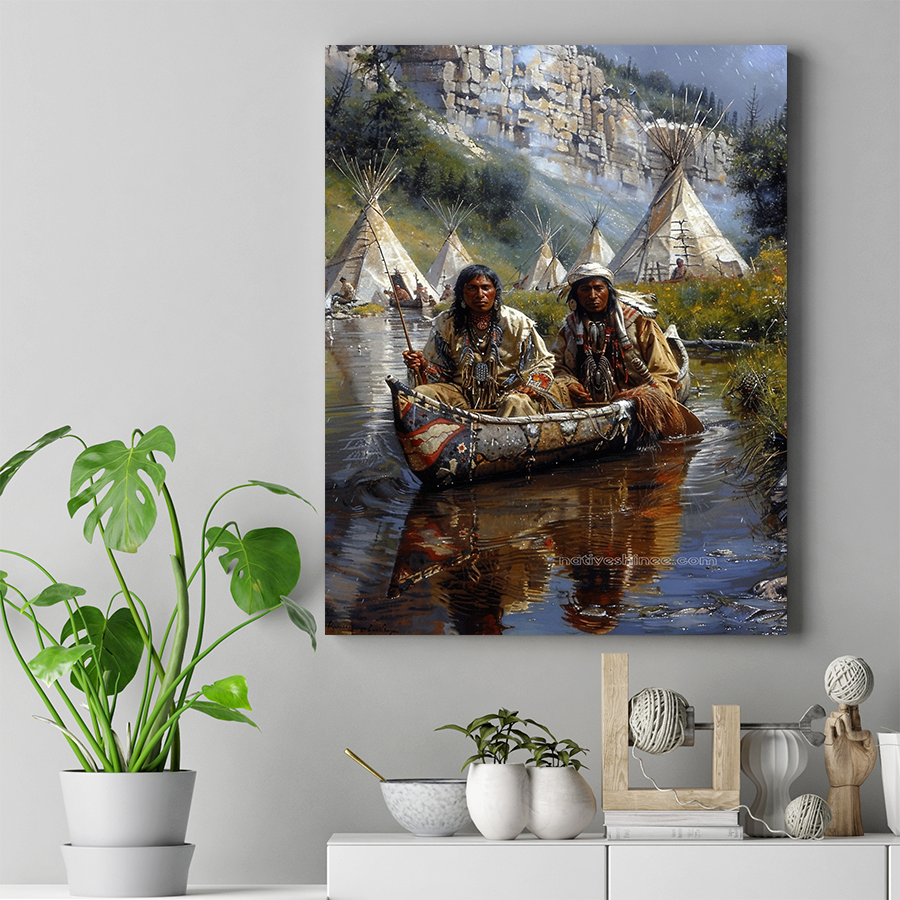 Warriors Navigate Peaceful Waters in Canoe Native American Canvas