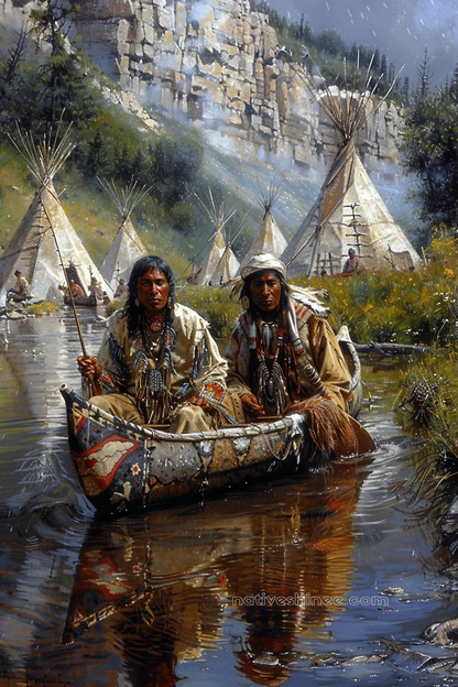 Warriors Navigate Peaceful Waters in Canoe Native American Canvas