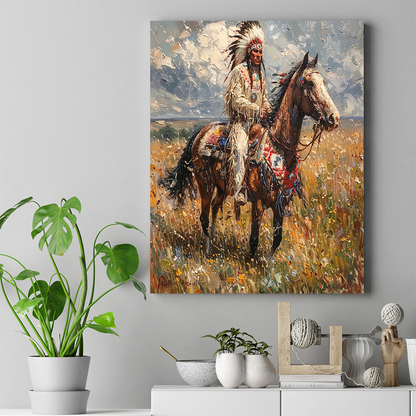 Proud Warrior Rides Across Golden Plains Native American Horse Canvas