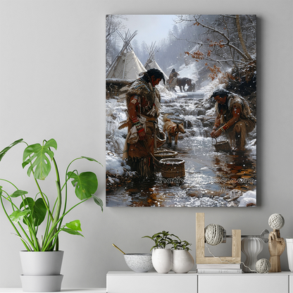 Winter’s Quiet Labor by the Stream Native American Canvas