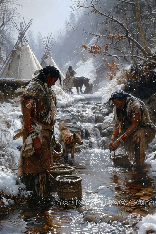 Winter’s Quiet Labor by the Stream Native American Canvas