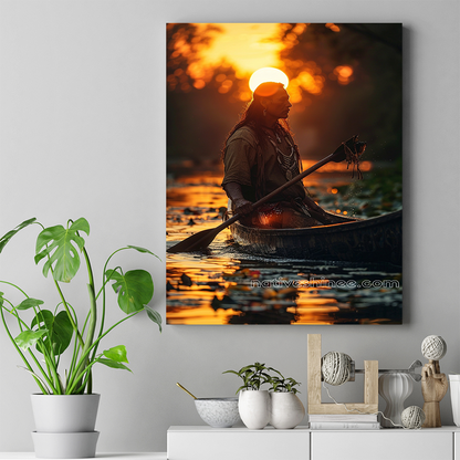 Paddling Through the Fire of Dusk Native American Canvas