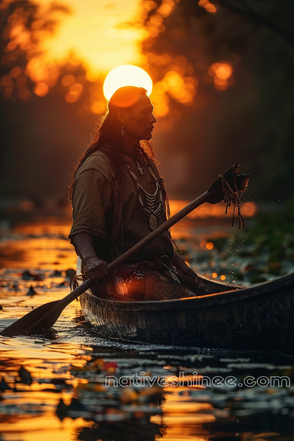 Paddling Through the Fire of Dusk Native American Canvas