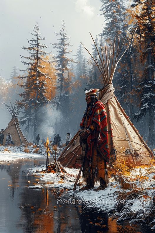 Winter Vigil by the River Native American Canvas VA