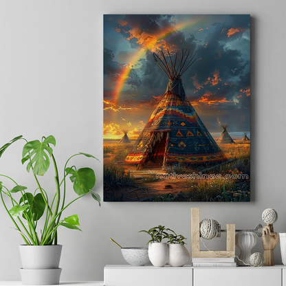 Teepee Under Rainbow Blessings Native American Canvas