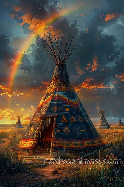 Teepee Under Rainbow Blessings Native American Canvas