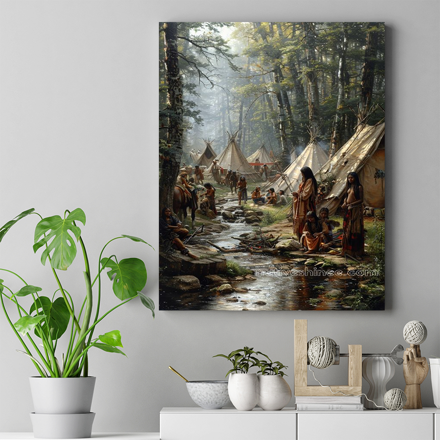 Morning Life in the Forest Camp Native American Canvas