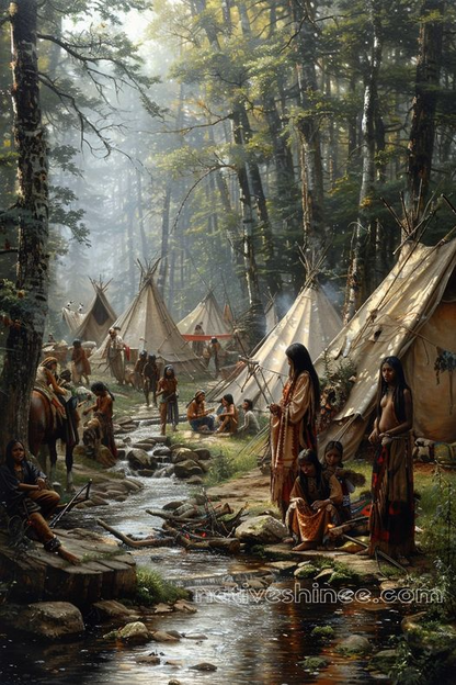 Morning Life in the Forest Camp Native American Canvas