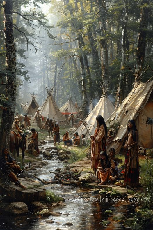 Morning Life in the Forest Camp Native American Canvas