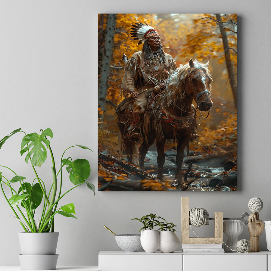 Chief's Vigil in Autumn Woods Native American Canvas