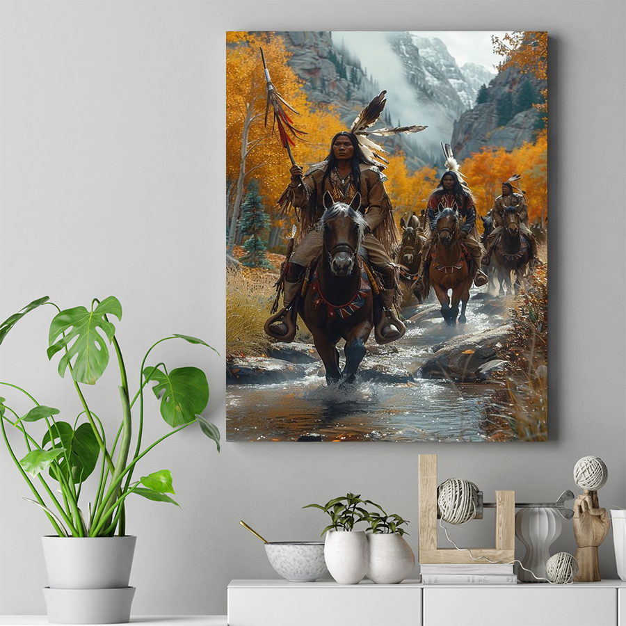 Warriors' Ride Through Autumn Valleys Native American Canvas