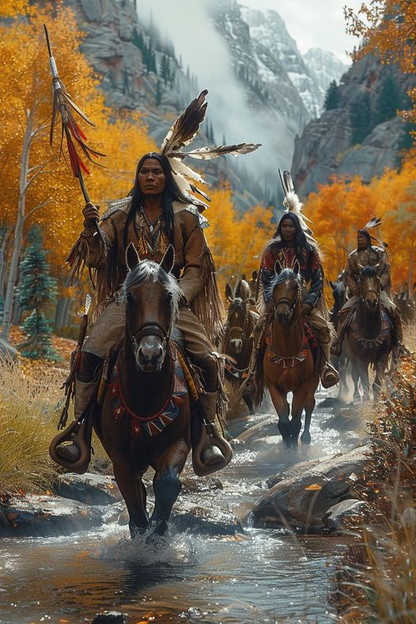 Warriors' Ride Through Autumn Valleys Native American Canvas