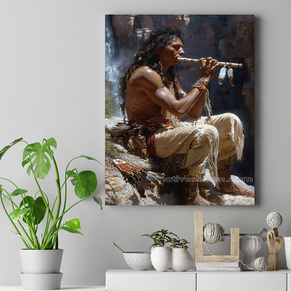 Solitary Flute Song by the Falls Native American Canvas