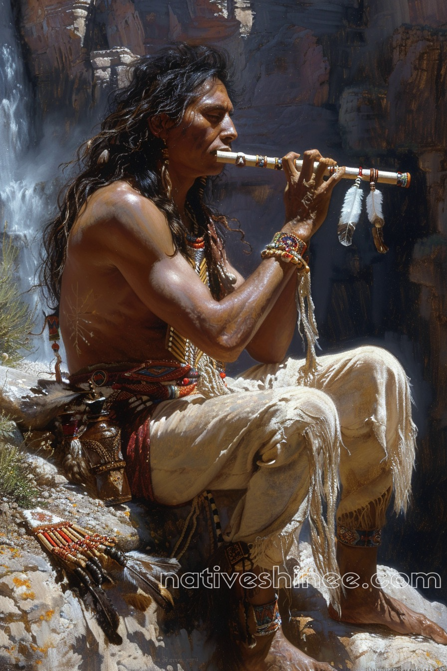 Solitary Flute Song by the Falls Native American Canvas