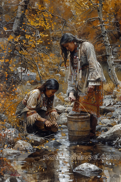 Gathering Waters Amidst the Golden Leaves Native American Canvas