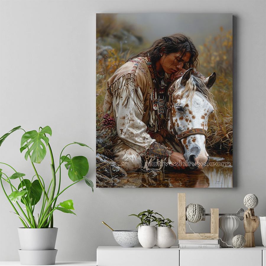 Harmony in Silence: Man and Horse Native American Canvas