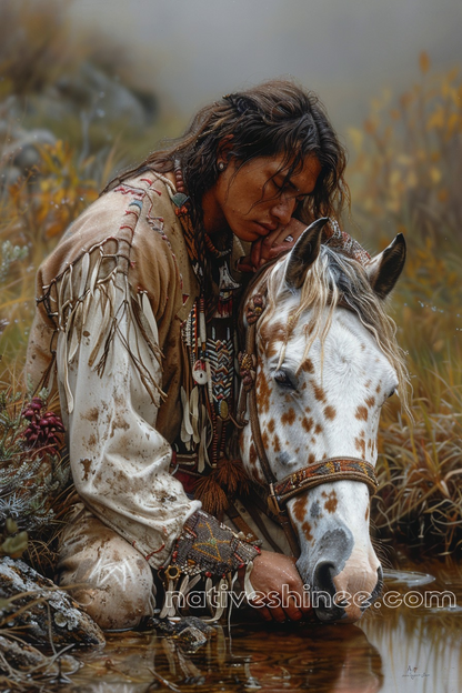 Harmony in Silence: Man and Horse Native American Canvas