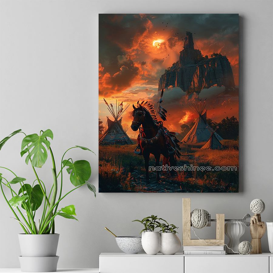 Warrior’s Horse Beneath the Fiery Eclipse Native American Canvas