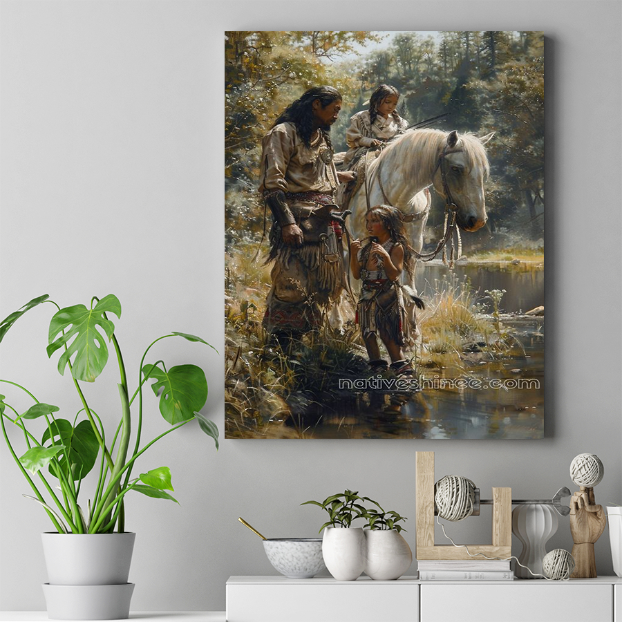 Family Bond by the River Native American Canvas