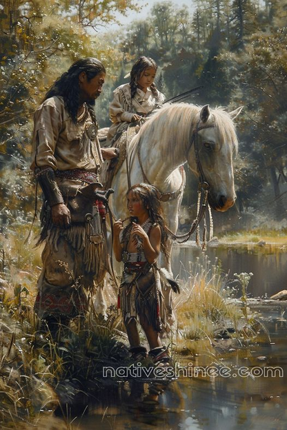 Family Bond by the River Native American Canvas