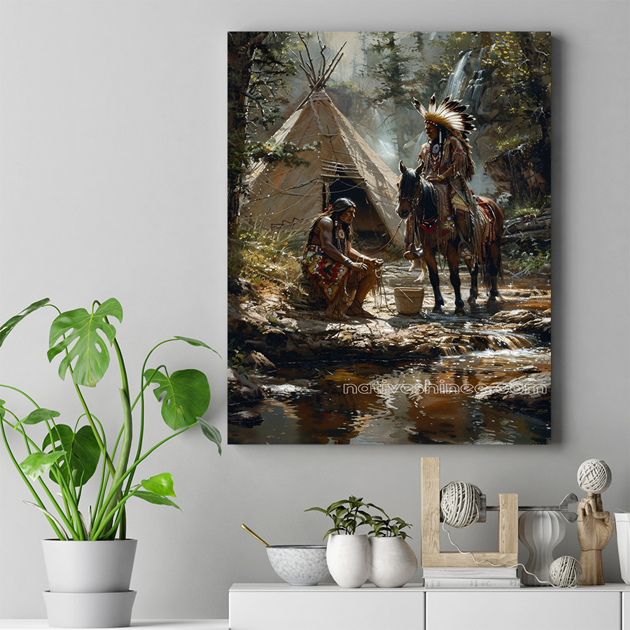 Conversation by the Waterfall Native American Canvas