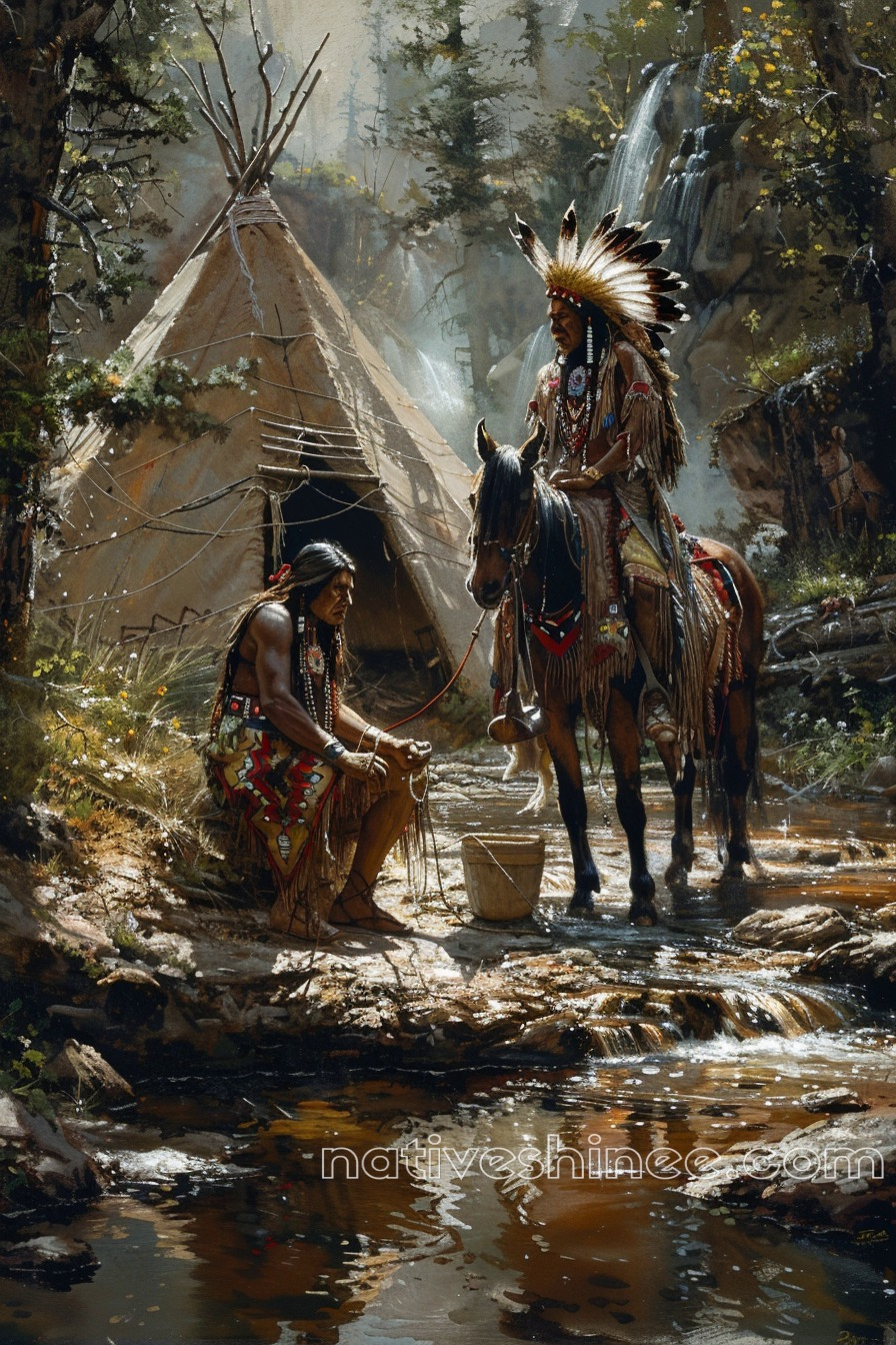 Conversation by the Waterfall Native American Canvas