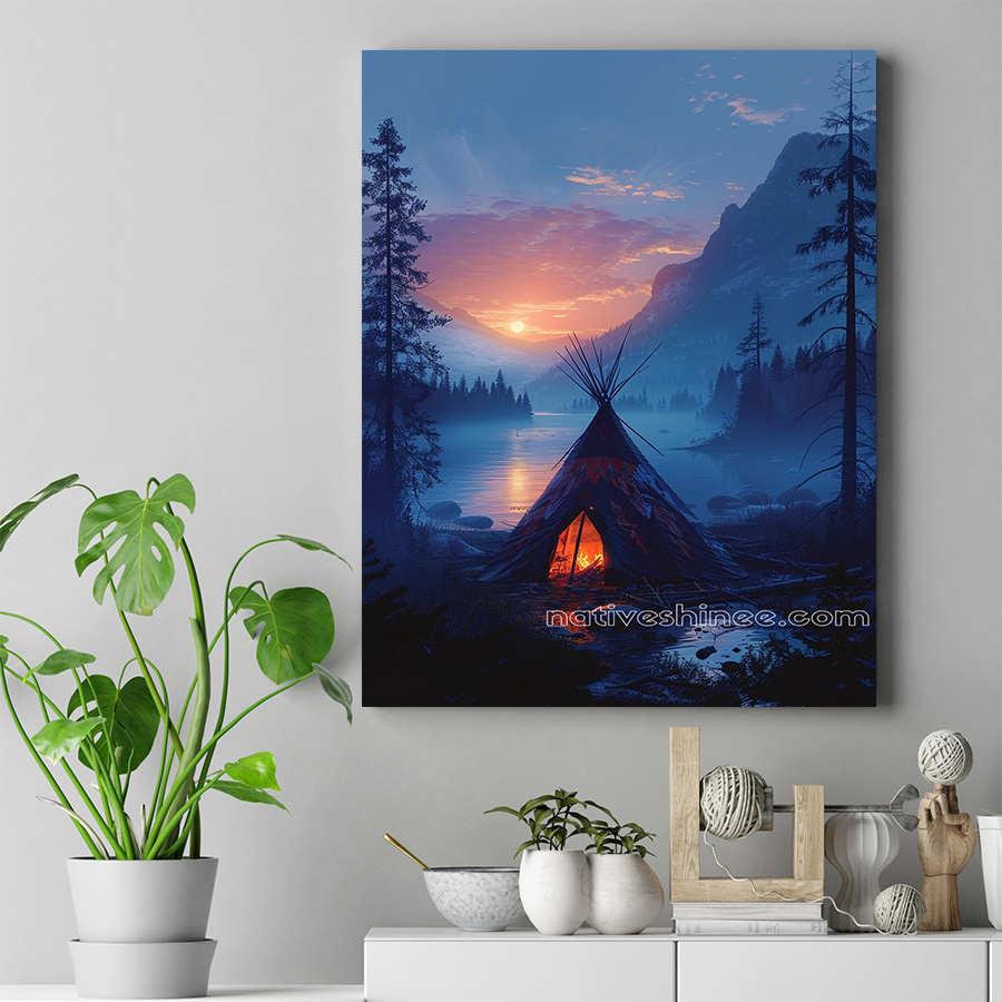 Twilight Glow with Teepee by the Lake Native American Canvas