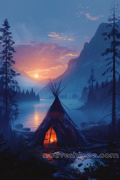 Twilight Glow with Teepee by the Lake Native American Canvas