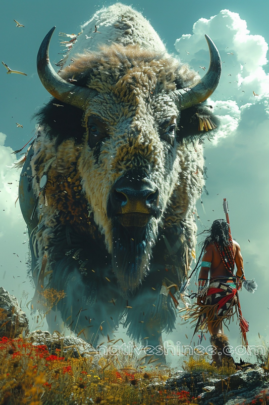 Warrior's Encounter with the Great Bison Native American Bison Canvas