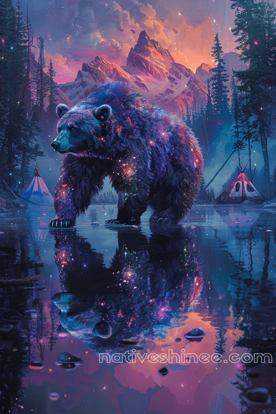 Starry Bear in a Magical Forest Native American Canvas