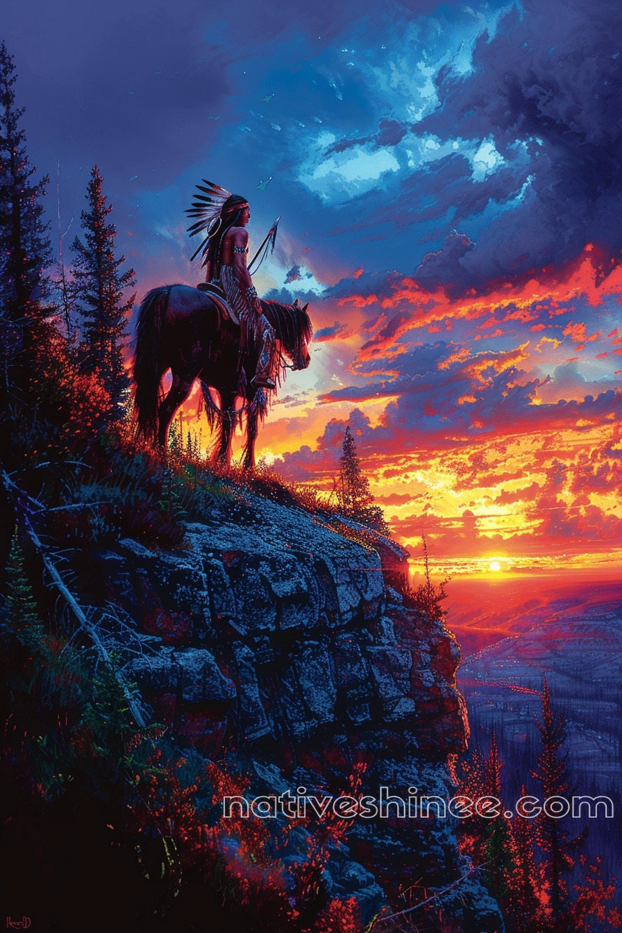 Sunset Vigil: A Warrior's Stand Native American Canvas