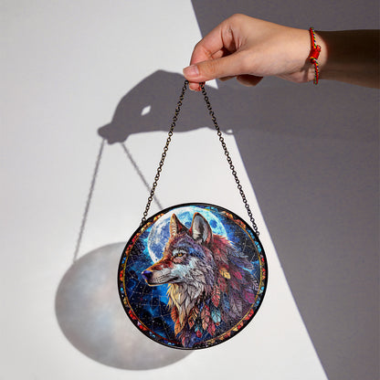 Native Wolf Stained Glass Suncatcher for Window Hanging