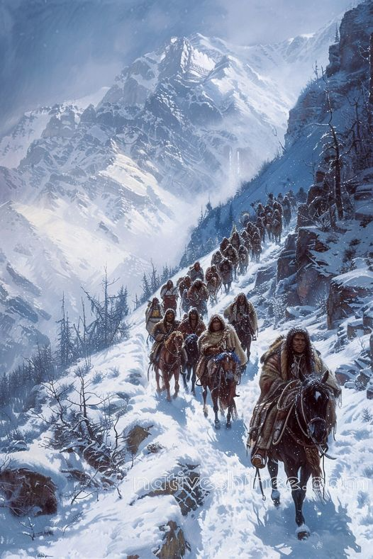 Echoes of the Trail: A Snowbound Path Native American Canvas