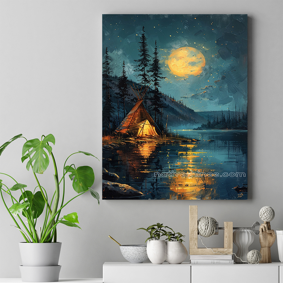 Moonlit Refuge: A Night of Peace Native American Canvas