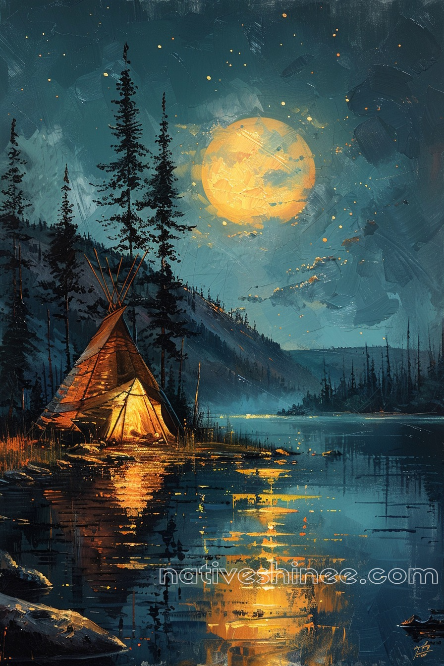 Moonlit Refuge: A Night of Peace Native American Canvas