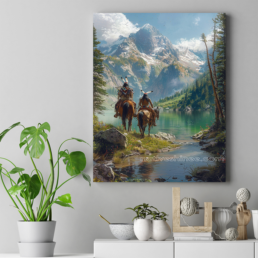 Silent Reverence by the Mountain Lake Native American Canvas