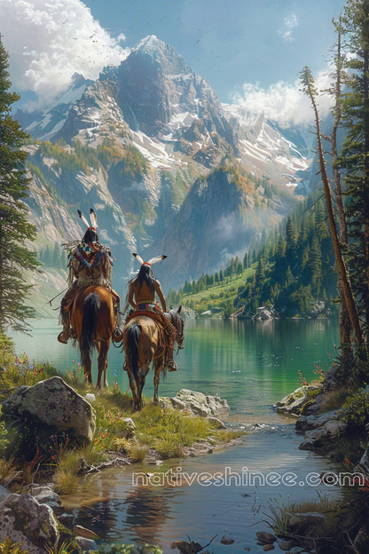 Silent Reverence by the Mountain Lake Native American Canvas