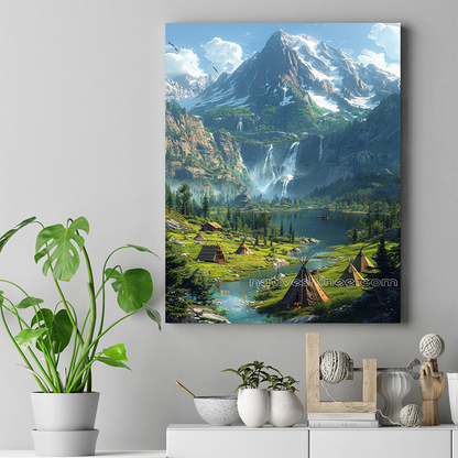 The Village by the Cascading Falls Native American Canvas