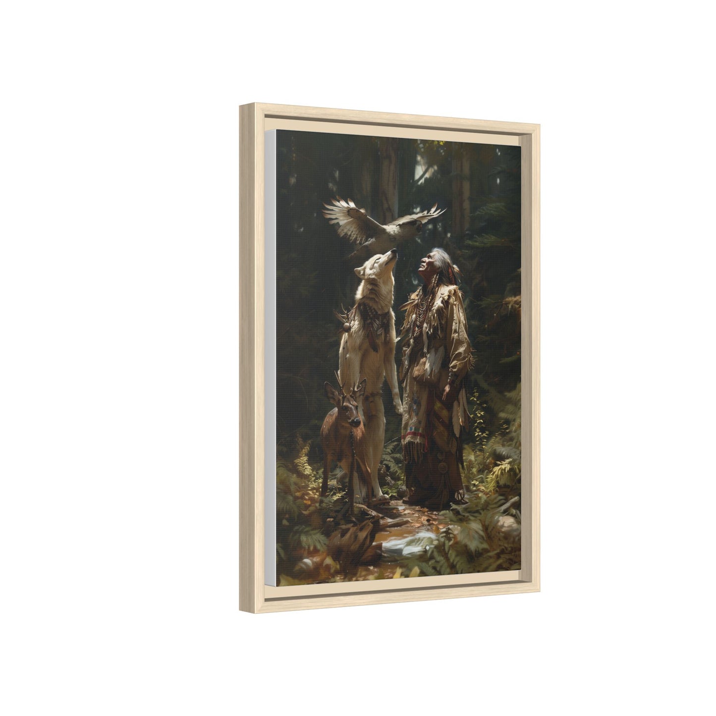 Framed Canvas Art – Native American Hunter with Wolves Forest Scene
