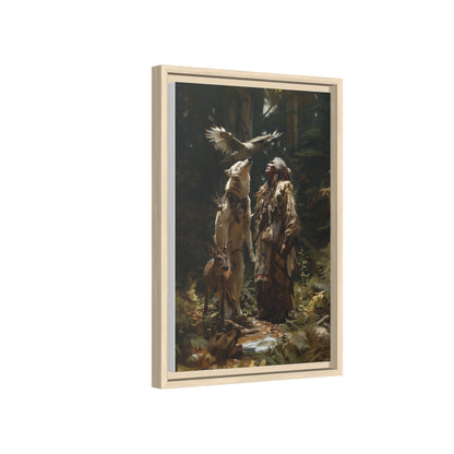 Framed Canvas Art – Native American Hunter with Wolves Forest Scene