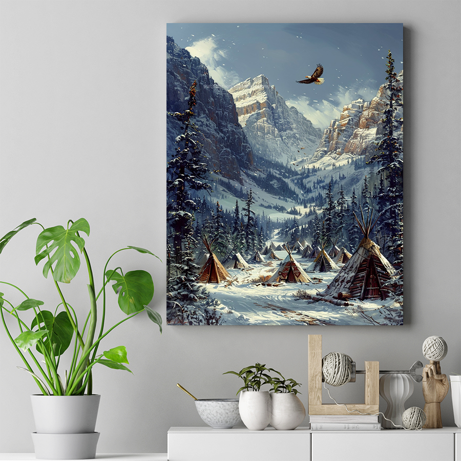 Eagle's Watch Over the Frozen Valley Native American Canvas