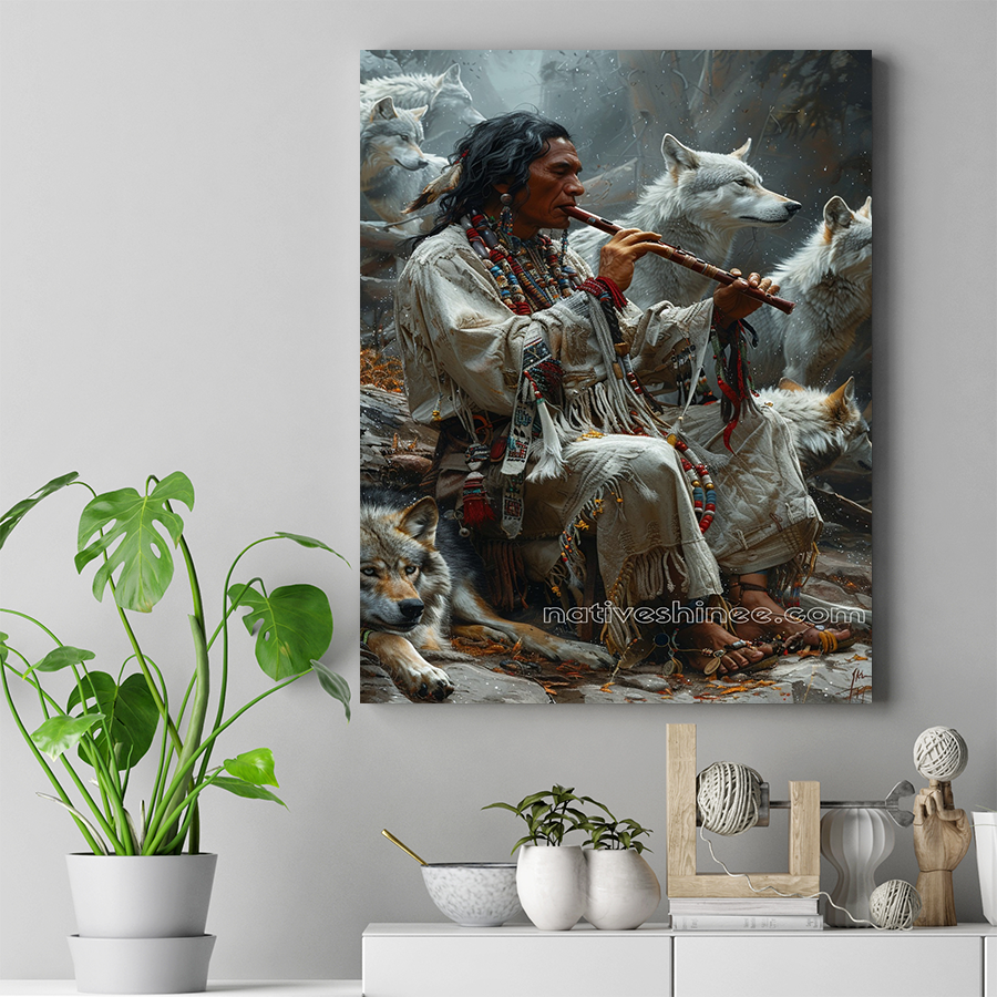 Harmony with Nature: Flute and Wolves Native American Canvas