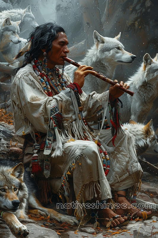 Harmony with Nature: Flute and Wolves Native American Canvas