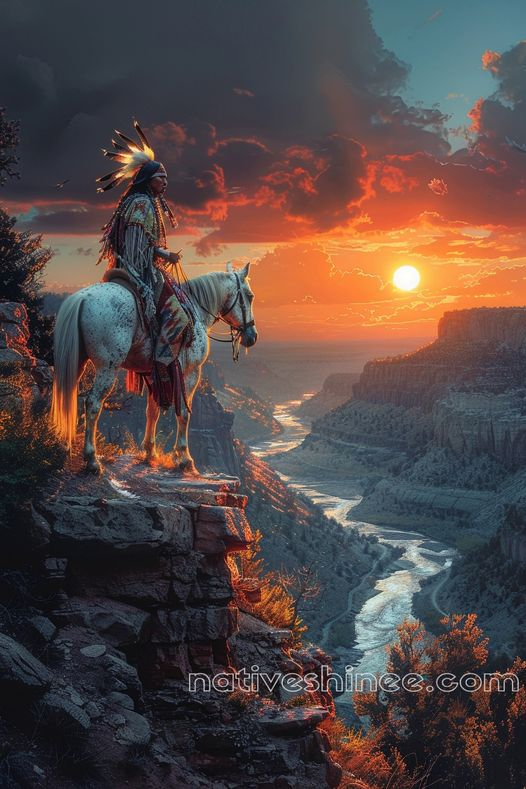 Sunset Vigil over the River Valley Native American Canvas