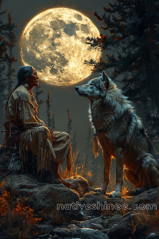 Moonlit Companions: Man and Wolf Native American Canvas