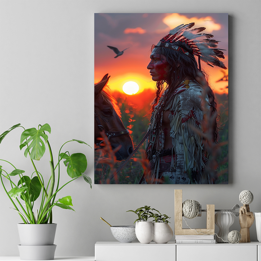 Warrior's Reflection at Day's End Native American Canvas