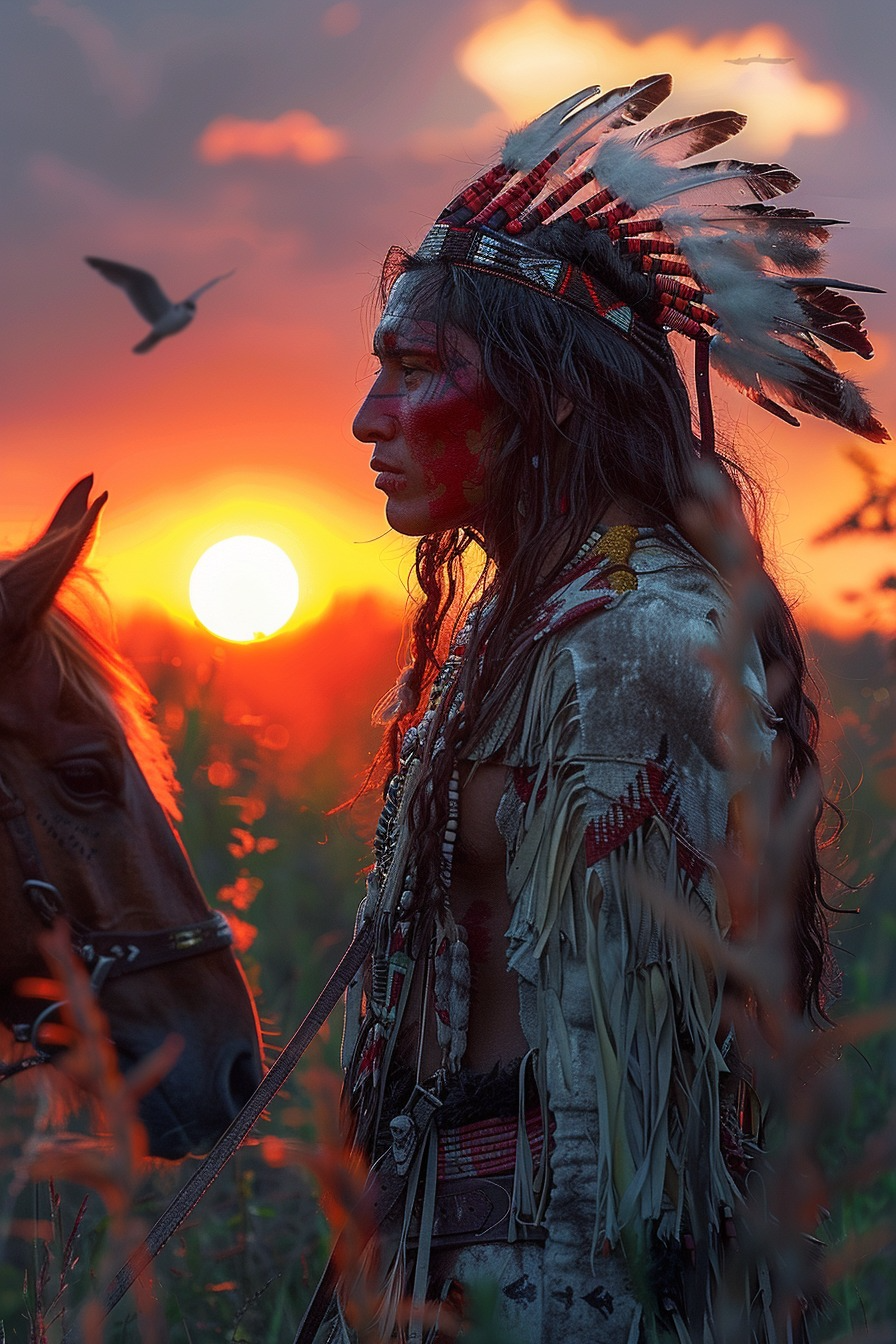 Warrior's Reflection at Day's End Native American Canvas