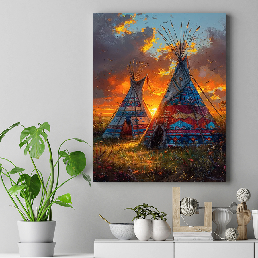 Sunset Serenity: Painted Tipis in Twilight Native American Canvas